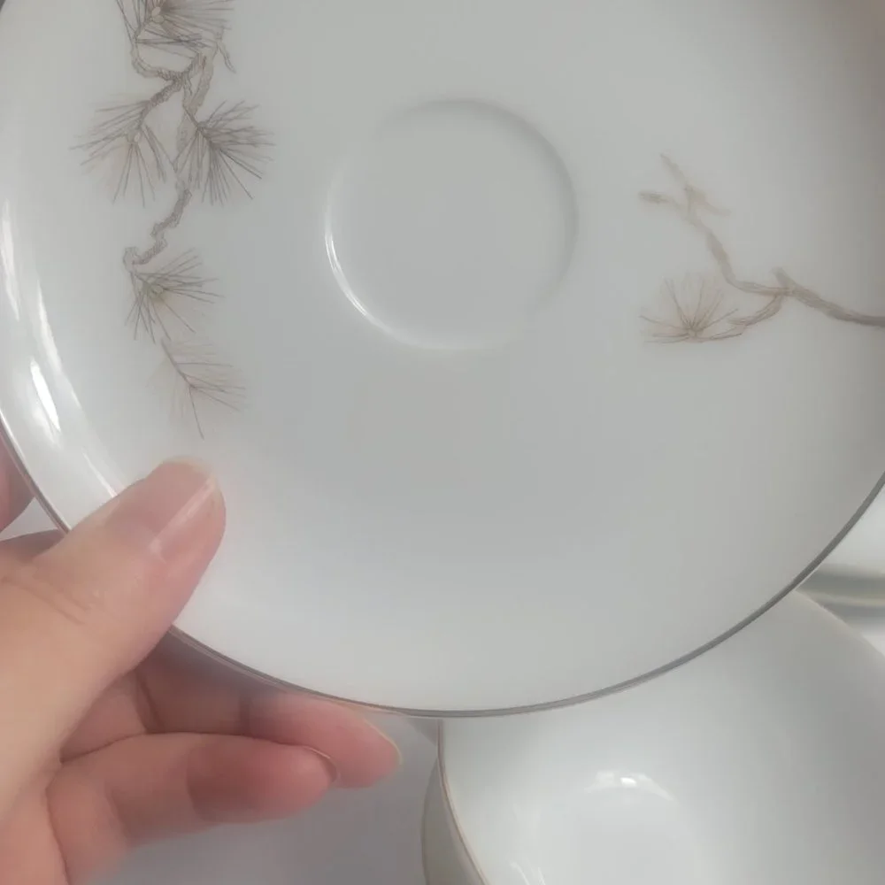 FOUR Sango Larchmont Cup & Saucer Sets White with Brown Pine Branch